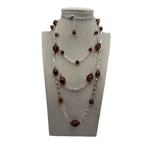 Stunning Layered Silver-Tone Chain Vintage Necklace w/ Tortoise Shell Beads